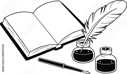 Vintage feather quill pen with inkwell bottles and open blank book for literature writing history education and creative storytelling projects minimalist black and white line art vector illustration