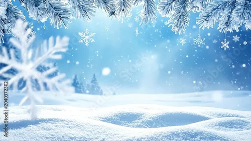 A beautiful winter landscape with hanging crystal snowflakes