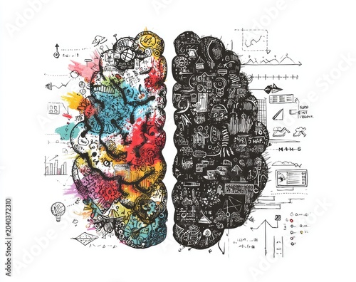 Creative colorful left brain and analytical right brain illustration.