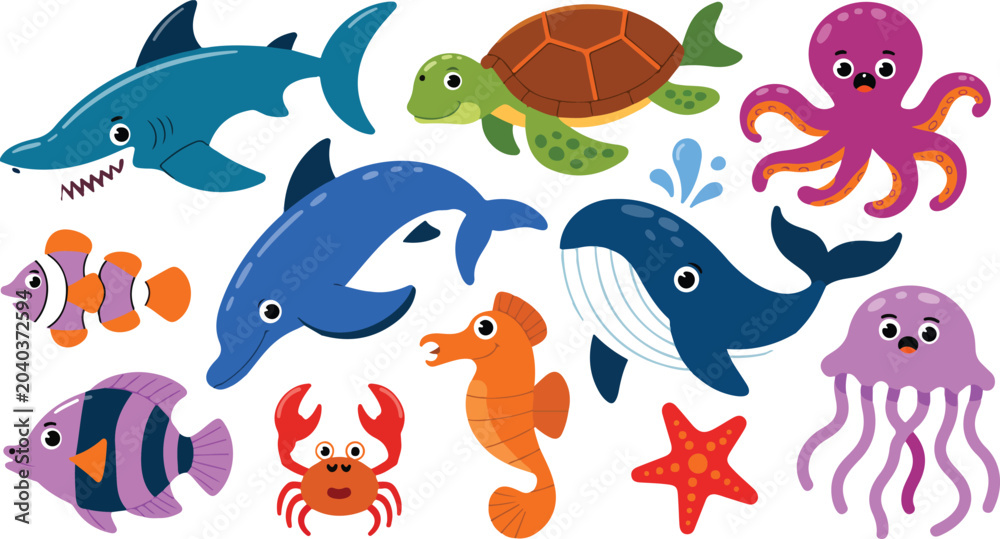 Fototapeta premium Cute sea animal vector set featuring shark whale dolphin octopus turtle crab and fish for kids nursery decor school education and children aquatic ocean life illustrations