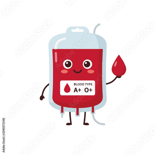 Cute blood bag character illustration with a friendly face, holding a red blood drop. A cheerful graphic symbol for medical donation and health awareness
