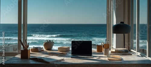 Modern workspace with ocean view and laptop setup.
