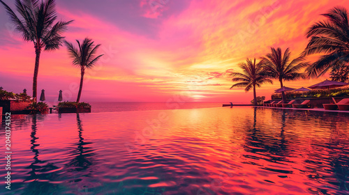 Luxury infinity pool at tropical resort with vibrant sunset reflections and palm silhouettes