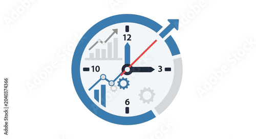 Clock with business growth charts and gears, symbolizing time management and efficiency