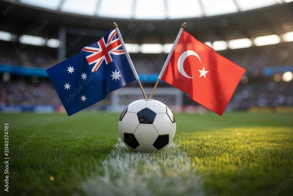 Fototapeta premium The national flags of Australia and Turkey proudly display next to a soccer ball on a lush stadium field