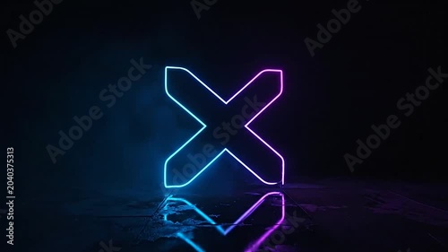 A glowing neon letter shape stands on a dark wet surface