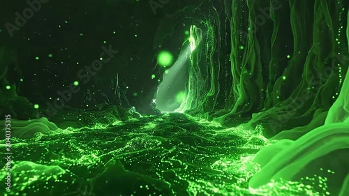 A glowing green cavern with flowing liquid and floating particles