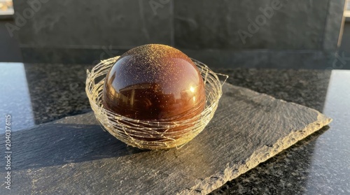 High-end molecular gastronomy chocolate sphere dessert with spun sugar and gold leaf on dark marble plate, premium Michelin star patisserie horizontal background