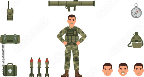 Bild auf Leinwand Military Soldier Character Creation Kit with Man in Camouflage Uniform Rocket La