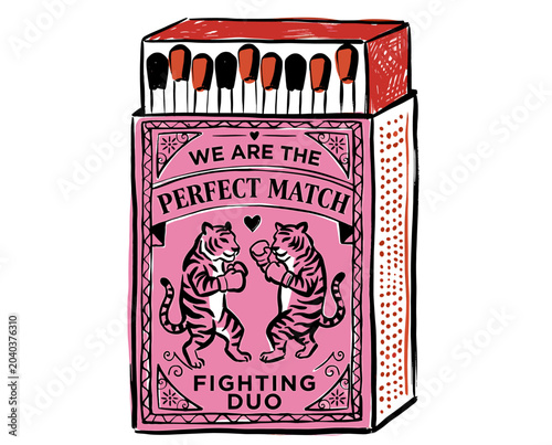 Bild auf Leinwand Vintage matchbox illustration, perfect match quote, fighting duo boxing tigers,