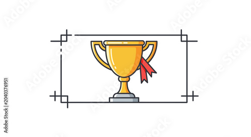 Golden Trophy Cup with Red Ribbon - Symbol of Victory and Achievement in Flat Design