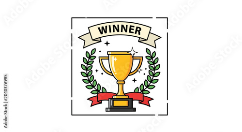 Golden Trophy with Laurel Wreath and Winner Banner - Victory, Success, Achievement Symbol
