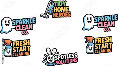 Tableau sur toile Set of cute cartoon cleaning service logo badges featuring ghost bunny and vacuum characters for housekeeping branding stickers and vector designs, professional commercial residential janitorial masc
