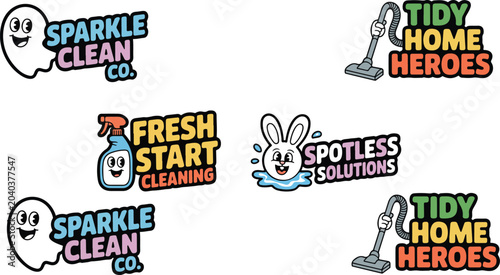 Tableau sur toile Set of cute cartoon cleaning service logo badges featuring ghost bunny and vacuum characters for housekeeping branding stickers and vector designs, professional commercial residential janitorial masc