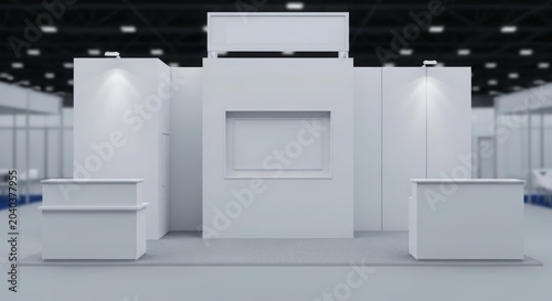A blank white exhibition booth or trade show stand with counters and display area in a large empty hall, ready for branding.