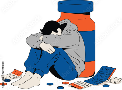 Foto Person in distress near pills and prescription bottle with mental health