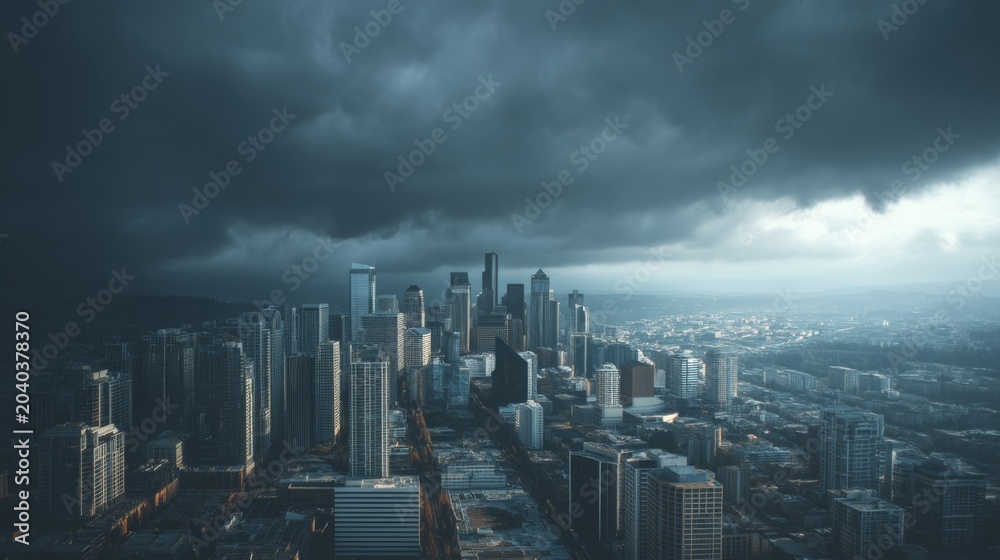 Fototapeta premium Dramatic skyline of a modern city under dark storm clouds with a moody atmosphere showcasing urban life and architectural diversity in the evening light.