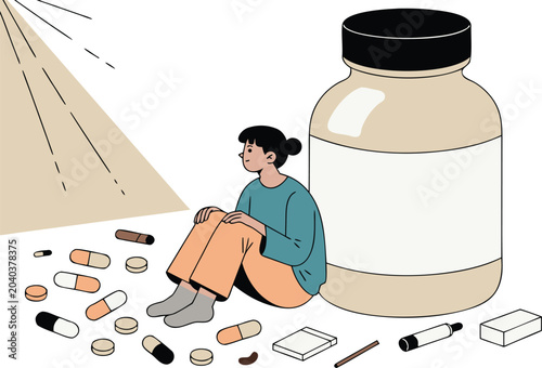 Fotografía Person sitting by bottle and scattered pills with mental health young adult