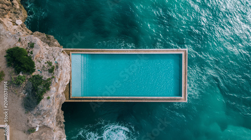 Aerial view of luxury infinity pool extending over turquoise ocean cliff