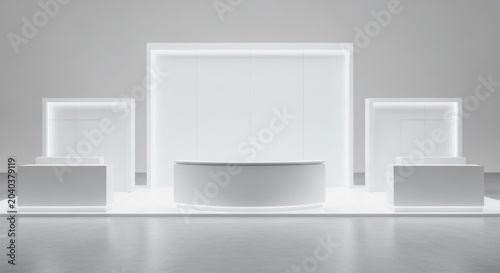 A modern, minimalist white exhibition stand with glowing frames and a central counter.