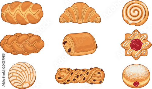 Konstfotografi Fresh Bakery Products and Sweet Pastries Icon Set Featuring Croissant Challah Ci