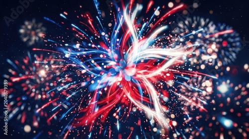 Abstract patriotic starburst red white blue blurred fireworks digital art