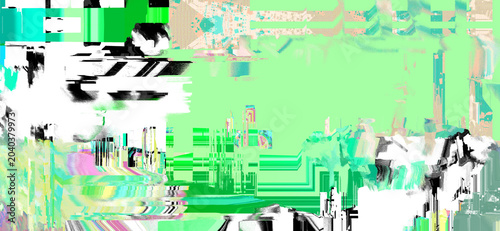 Glitch art banner background. Green with rainbow and black and white areas. Computer malfunction concept.