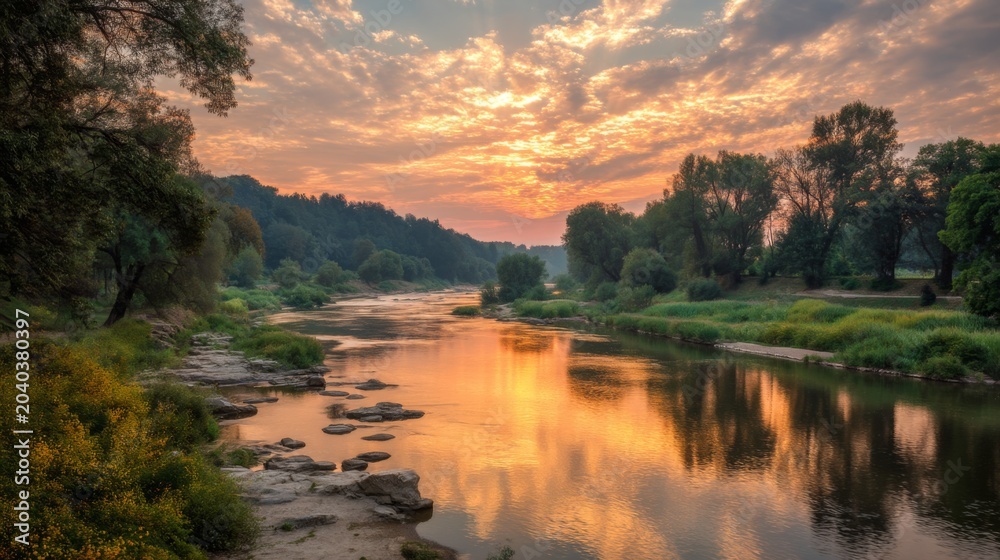 Fototapeta premium Tranquil Sunset Over Serene River Reflecting Colorful Sky and Lush Greenery in a Peaceful Natural Landscape Scene