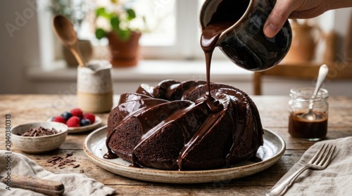 Rich chocolate ganache poured over moist bundt cake glossy dessert