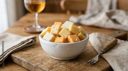 Realistic cheese cubes in small white bowl soft studio lighting