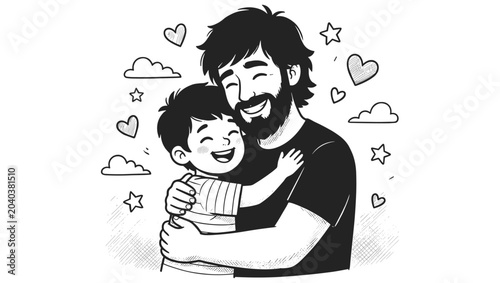 A heartwarming illustration of a father and son sharing a loving embrace, surrounded by playful clouds and stars, celebrating the bond of family and parenthood with pure joy and affection