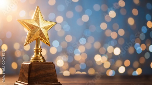 Golden star trophy on wooden base, glowing award for success and excellence, shimmering bokeh lights for celebration isolated on White Background