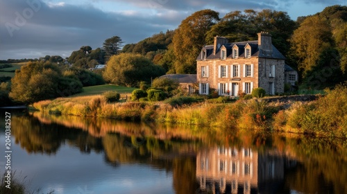 Tranquil Countryside Mansion by a Serenity Lake Reflecting Nature's Beauty at Sunset in a Scenic Rural Landscape