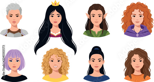 Tableau sur toile Fantasy Female Avatar Portrait Set with Queen Princess Elf Warrior Knight and Di