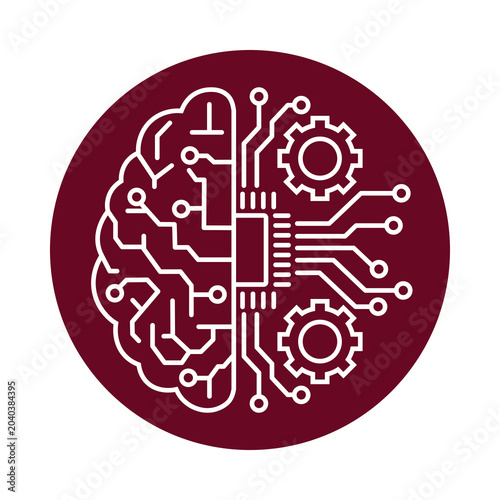 Artificial intelligence brain with gears linear design isolated on transparent background