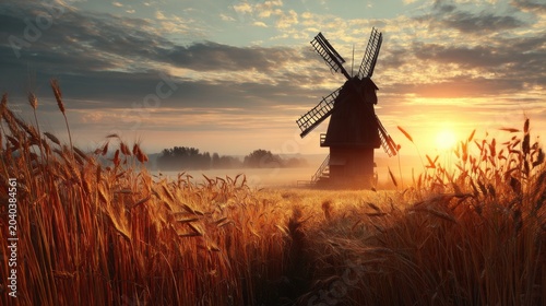 Serene Sunrise Over a Classic Windmill Surrounded by Golden Wheat Fields Under a Dramatic Sky with Soft Clouds and Warm Light