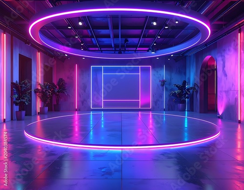 A futuristic room with neon lights and a circular stage (17)