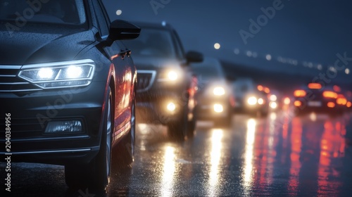 Nighttime Urban Traffic Scene with Rainy Weather and Headlights Glimmering on Wet Streets in a City Environment