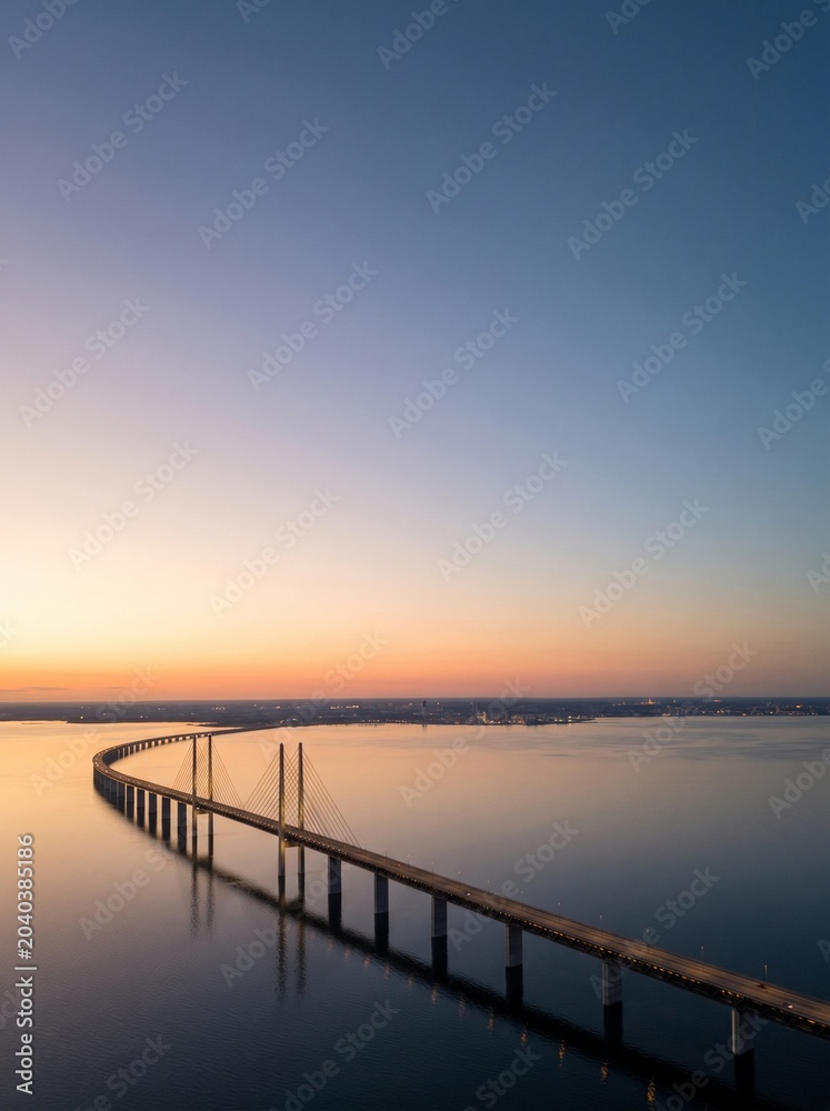 Fototapeta premium [Generative AI] Aerial view of a large cable-stayed bridge over a calm sea at sunset