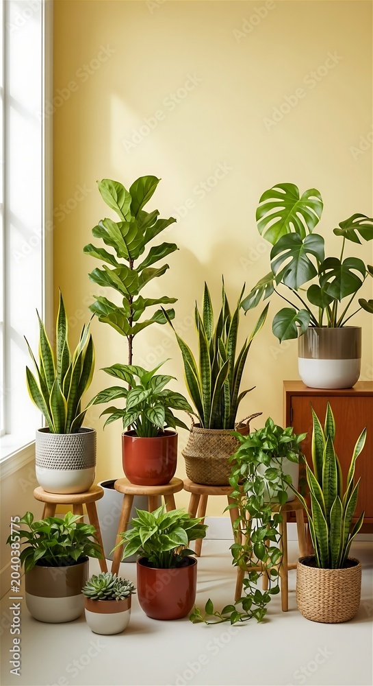 Fototapeta premium Beautiful Houseplant Arrangement Displayed Against a Soft Yellow Wall with Natural Light