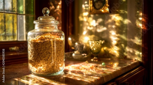 Glass jar filled with oats, sunlit kitchen, rustic decor, warm atmosphere, reflections on the counter, tranquil setting, morning light, cozy environment