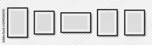 Foto Set of five empty black picture frames with white mats in various orientations including portrait landscape and square with realistic shadows isolated on a transparent background