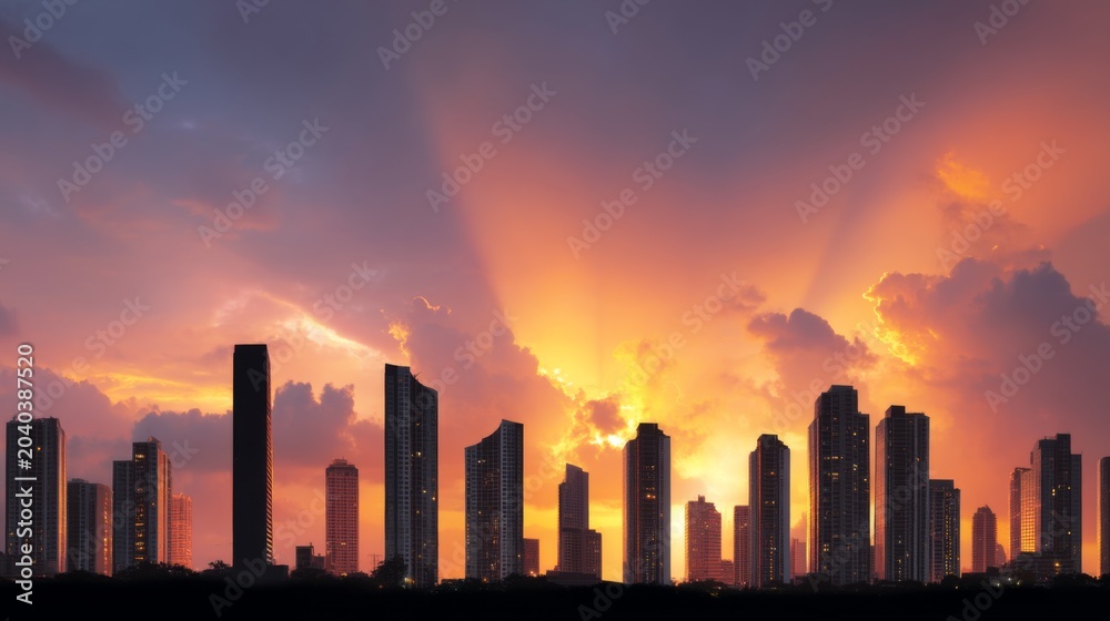 Obraz premium Stunning Urban Skyline at Sunset with Dramatic Clouds and Vibrant Colors Illuminating Skyscrapers, Urban Landscape Photography