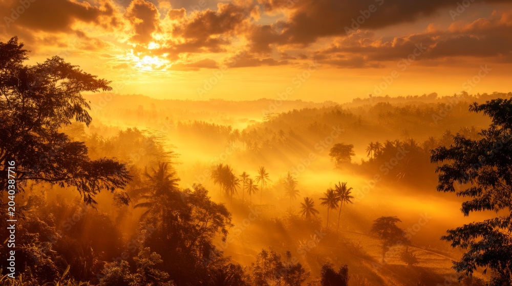 Fototapeta premium Majestic Sunrise Over Lush Tropical Landscape with Golden Hues and Rising Mist in a Serene and Tranquil Setting of Nature's Beauty