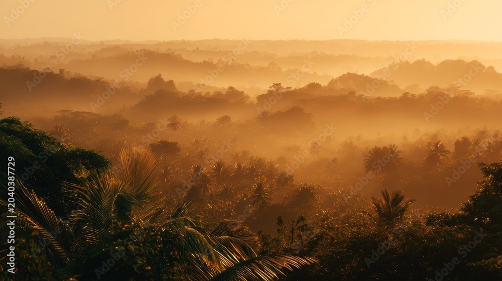 Fototapeta premium Tranquil Misty Morning Landscape Overlooking Lush Greenery and Rolling Hills During Golden Hour in a Tropical Paradise
