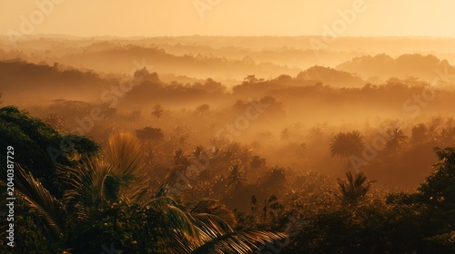 Tranquil Misty Morning Landscape Overlooking Lush Greenery and Rolling Hills During Golden Hour in a Tropical Paradise