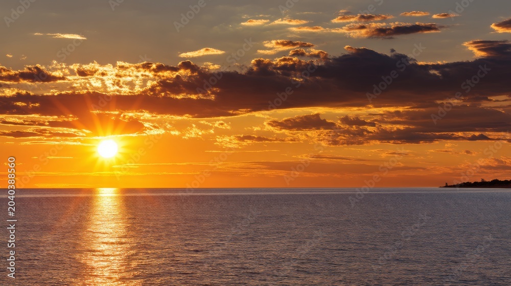 Obraz premium Breathtaking Sunset Over Calm Waters with Dramatic Clouds and Golden Sky Reflections at Dusk in a Tranquil Coastal Environment