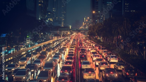 Evening Traffic Jam in Urban City with Glowing Car Lights and Reflections on Wet Road Surface During Rainy Night