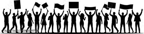 Crowd of people silhouettes holding signs and banners for protest with silhouette