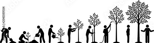 Tree planting and growth process icon silhouette collection with planting, gardening